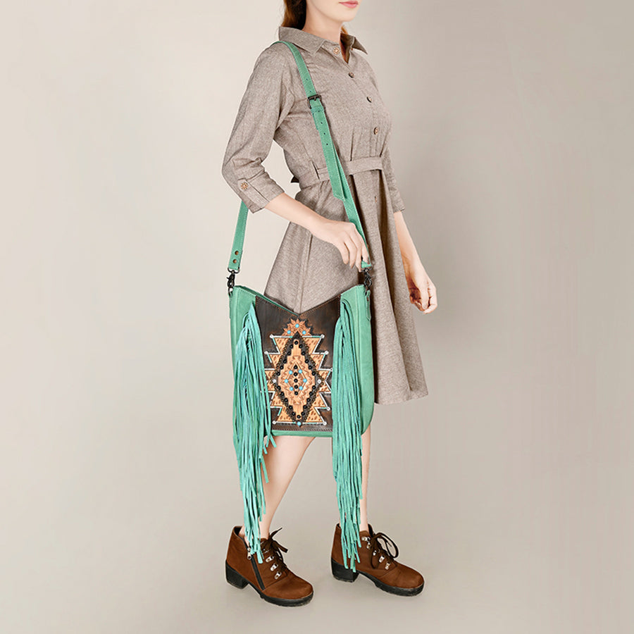 American Darling Western Crossbody Bag Hand Tooled Genuine Leather Fringe Shoulder Purse 14in (H) X 12in (W) X 3in (D)