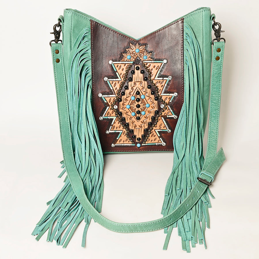 American Darling Western Crossbody Bag Hand Tooled Genuine Leather Fringe Shoulder Purse 14in (H) X 12in (W) X 3in (D)