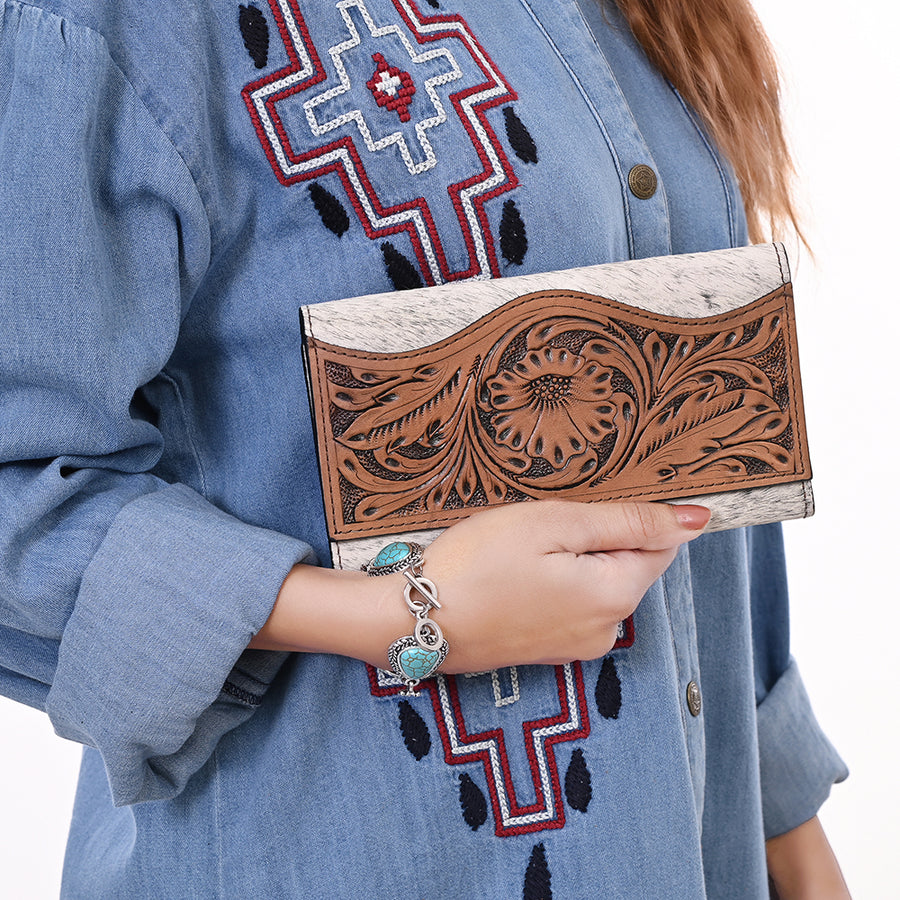 OHLAY Wallet Hand Tooled Hair-On Genuine Leather Women Bag Western Handbag Purse | Womens Handbags |Leather Belt for Summer