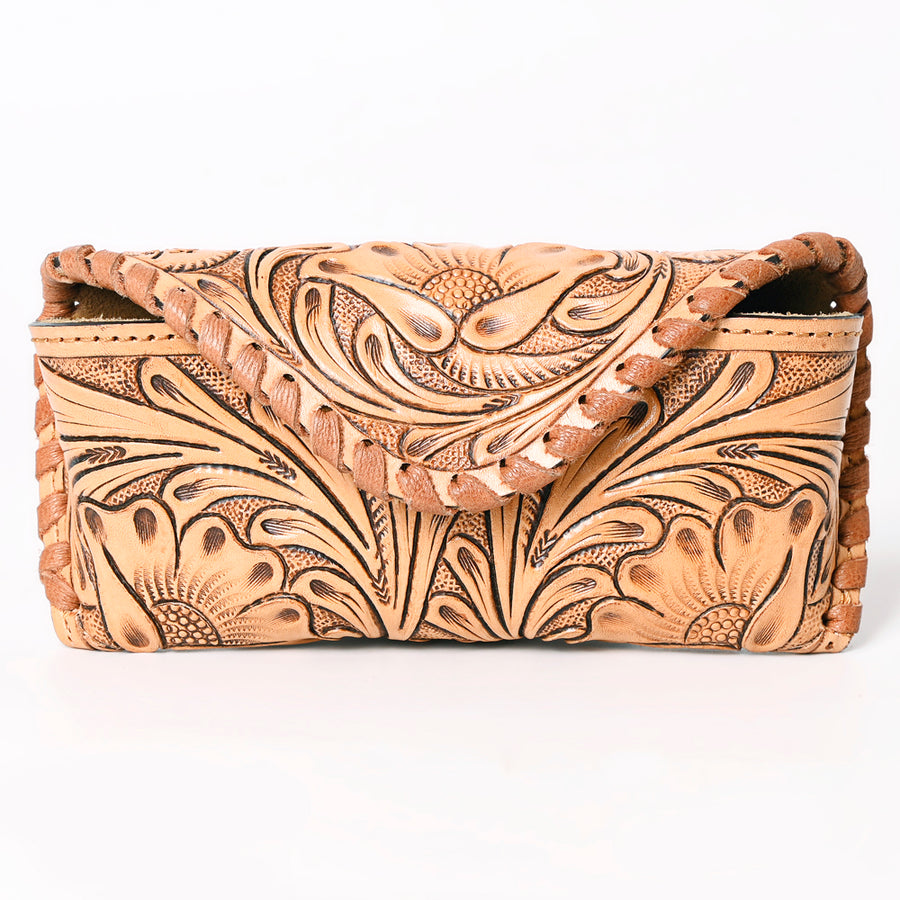 American Darling Western Sunglass Case Hand Tooled Floral Carved Genuine Leather 3in (H) X 6.5in (W) X 1in (D)