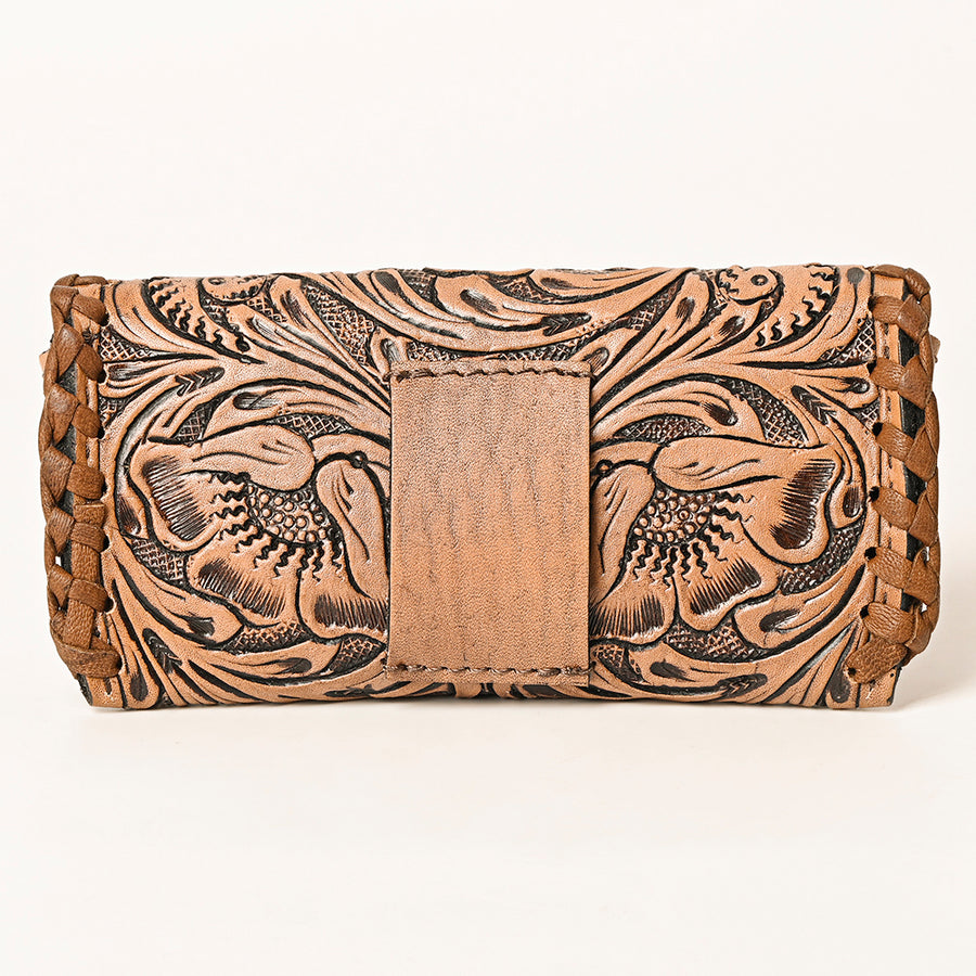 American Darling Western Sunglass Case Hand Tooled Floral Carved Genuine Leather 3in (H) X 6.5in (W) X 1in (D)