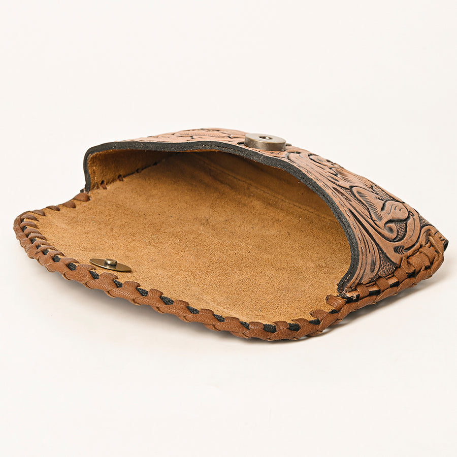 American Darling Western Sunglass Case Hand Tooled Floral Carved Genuine Leather 3in (H) X 6.5in (W) X 1in (D)