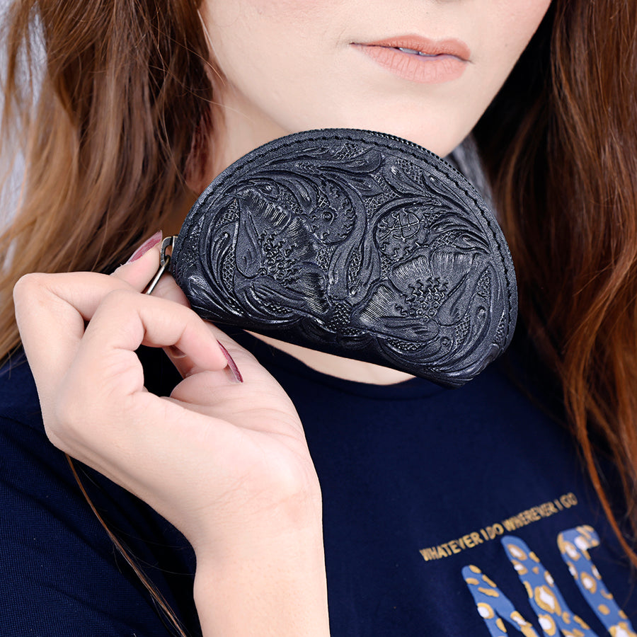 American Darling Western Sunglass Case Hand Tooled Floral Carved Genuine Leather 3in (H) X 4in (W) X 1in (D)