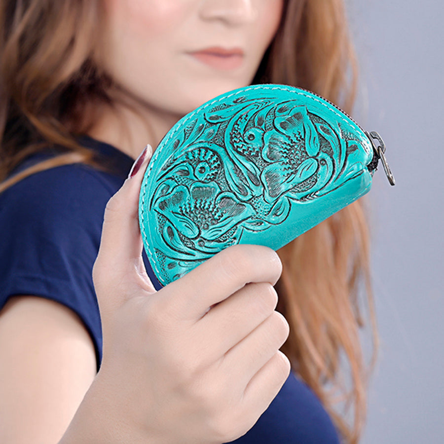 American Darling Western Sunglass Case Hand Tooled Floral Carved Genuine Leather 3in (H) X 4in (W) X 1in (D)
