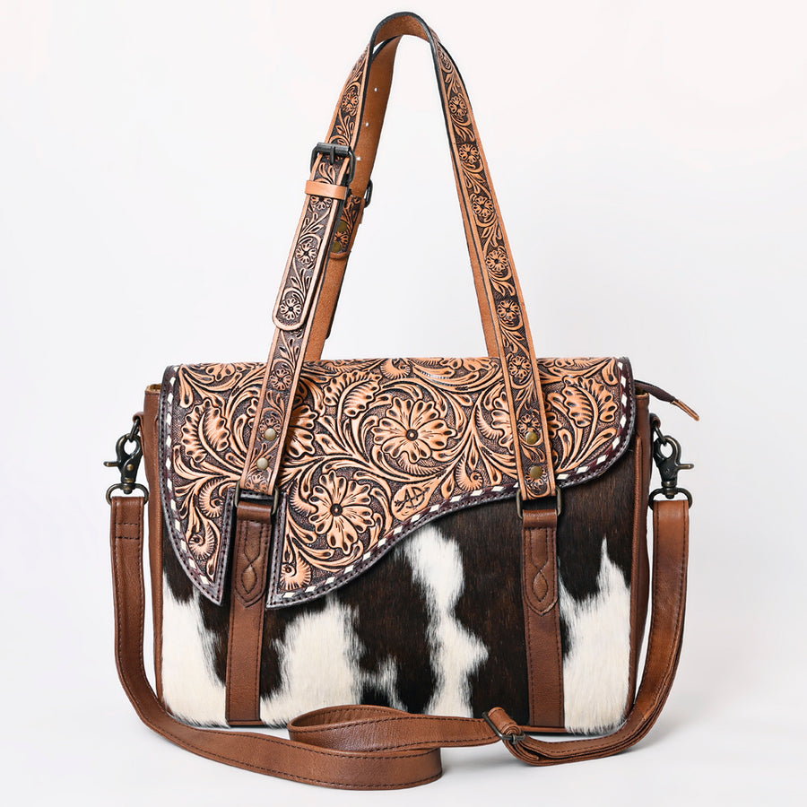 American Darling Hair-On Cowhide Western Tote Bag with Hand-Tooled Leather, Floral Carved Strap, Premium Genuine Leather