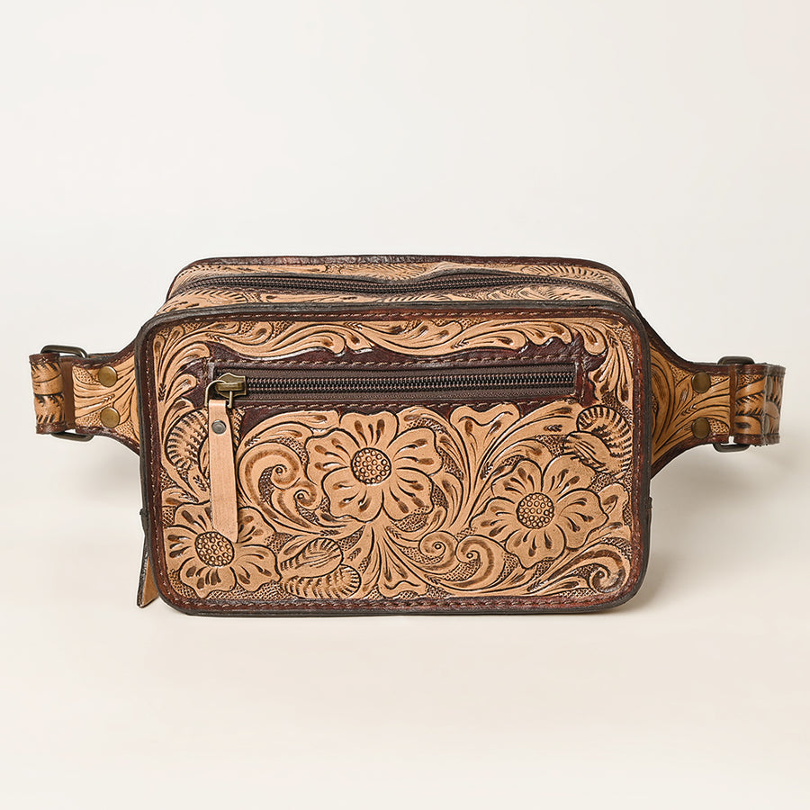 American Darling Western Fanny Pack, Hand-Tooled Floral Carved Genuine Leather Waist Bag with Multi-Pocket Design for Everyday Carry