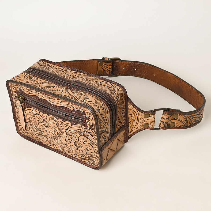 American Darling Western Fanny Pack, Hand-Tooled Floral Carved Genuine Leather Waist Bag with Multi-Pocket Design for Everyday Carry