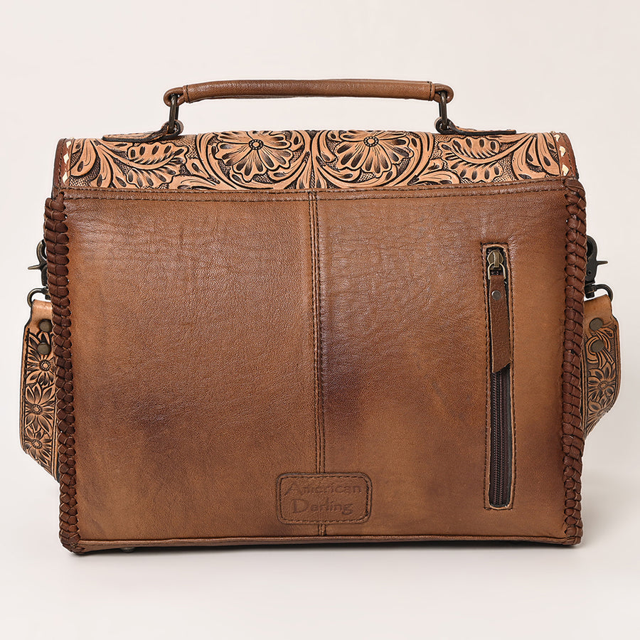 American Darling Western Hand-Tooled Leather Briefcase Bag – Floral Carved Genuine Leather Work Tote with Adjustable Strap & Top Handle