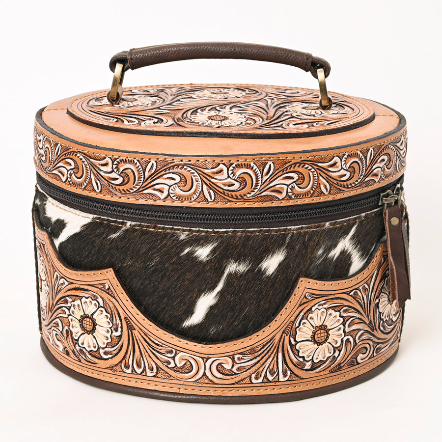 American Darling Hand Tooled Floral Carved Leather Jewelry case Hair-On Cowhide Vegetable-Tanned Genuine Leather YKK Zipper