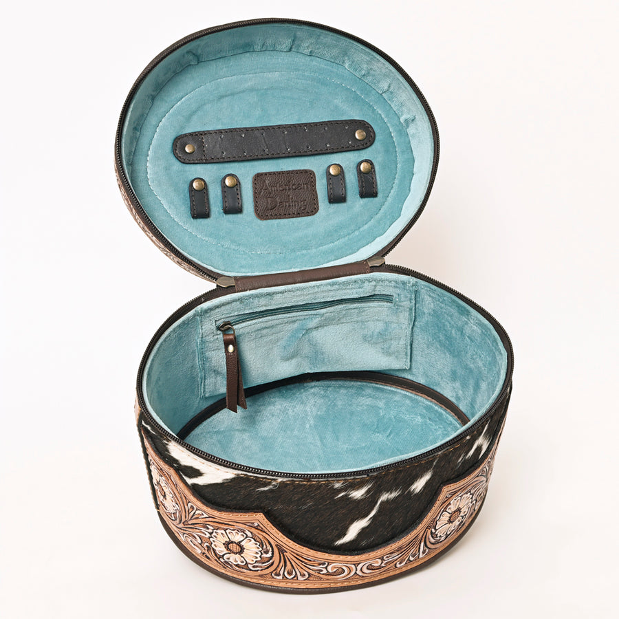 American Darling Hand Tooled Floral Carved Leather Jewelry case Hair-On Cowhide Vegetable-Tanned Genuine Leather YKK Zipper