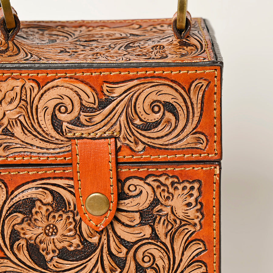 American Darling Hand Tooled Floral Carved Leather Jewelry Case Vegetable-Tanned Genuine Leather YKK Zipper Western Accessory Box
