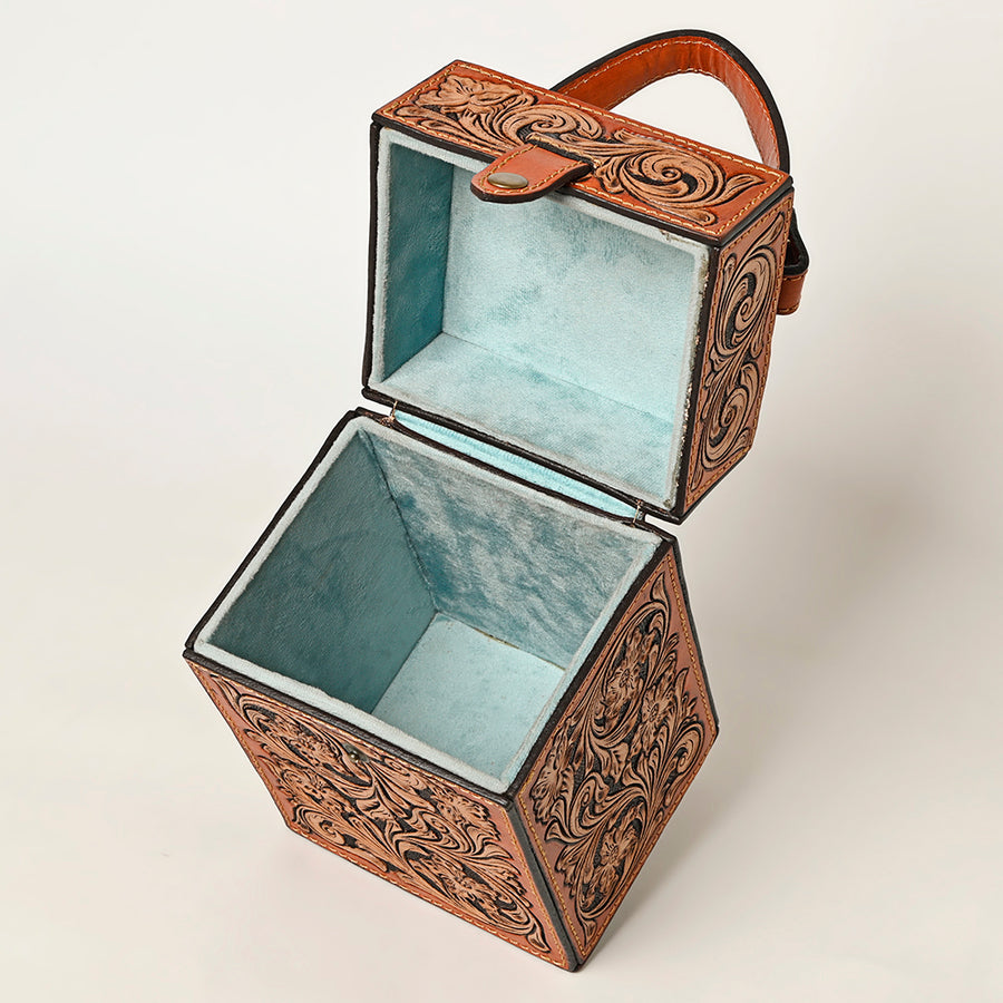 American Darling Hand Tooled Floral Carved Leather Jewelry Case Vegetable-Tanned Genuine Leather YKK Zipper Western Accessory Box