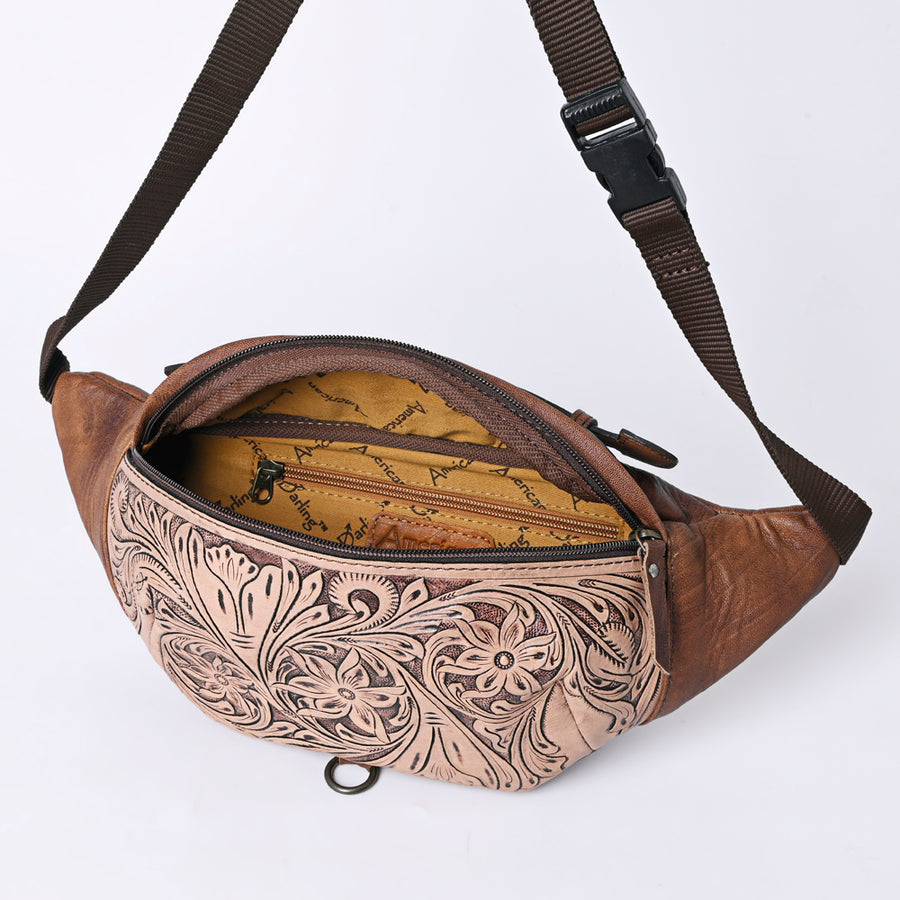 American Darling Western Fanny Pack, Hand-Tooled Floral Carved Genuine Leather Belt Bag, Adjustable Strap, Premium Craftsmanship