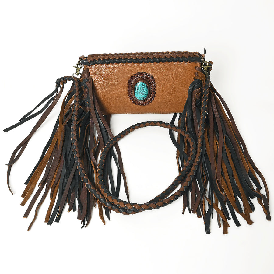 American Darling Small Cross body Bag Western Hair-On Cowhide Genuine Leather Handcrafted Purse with Fringes and Turquoise