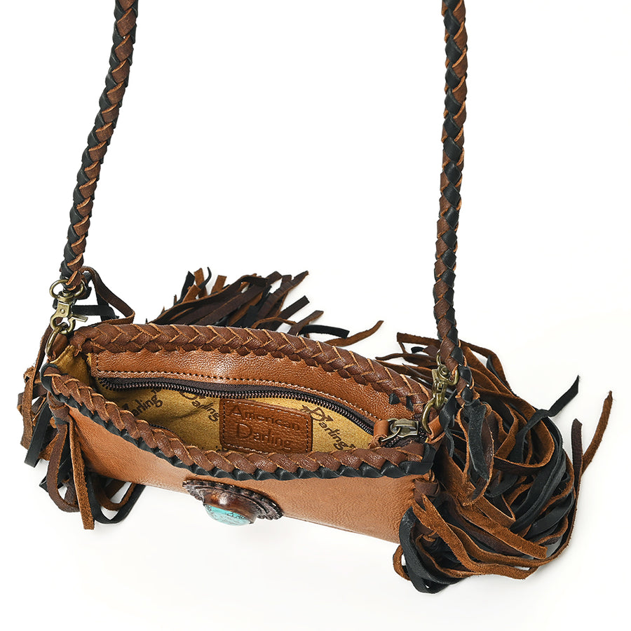 American Darling Small Cross body Bag Western Hair-On Cowhide Genuine Leather Handcrafted Purse with Fringes and Turquoise