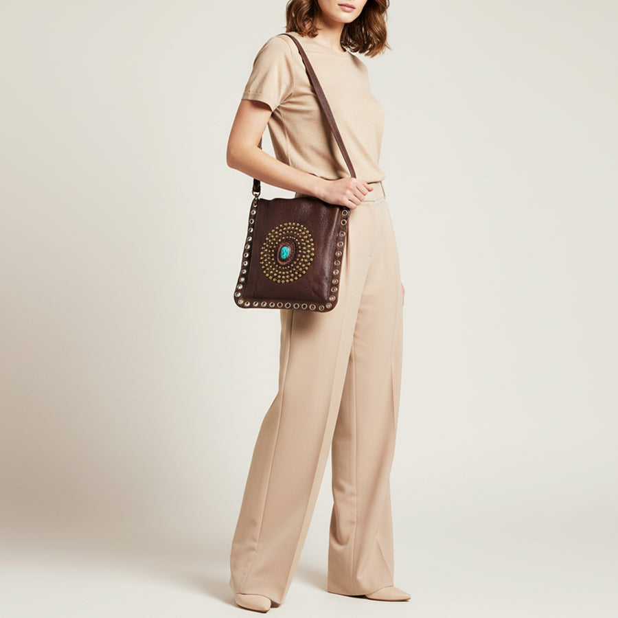 American Darling Large Cross body Bag Western Genuine Leather Handcrafted Purse with Rivets and Turquoise Stone