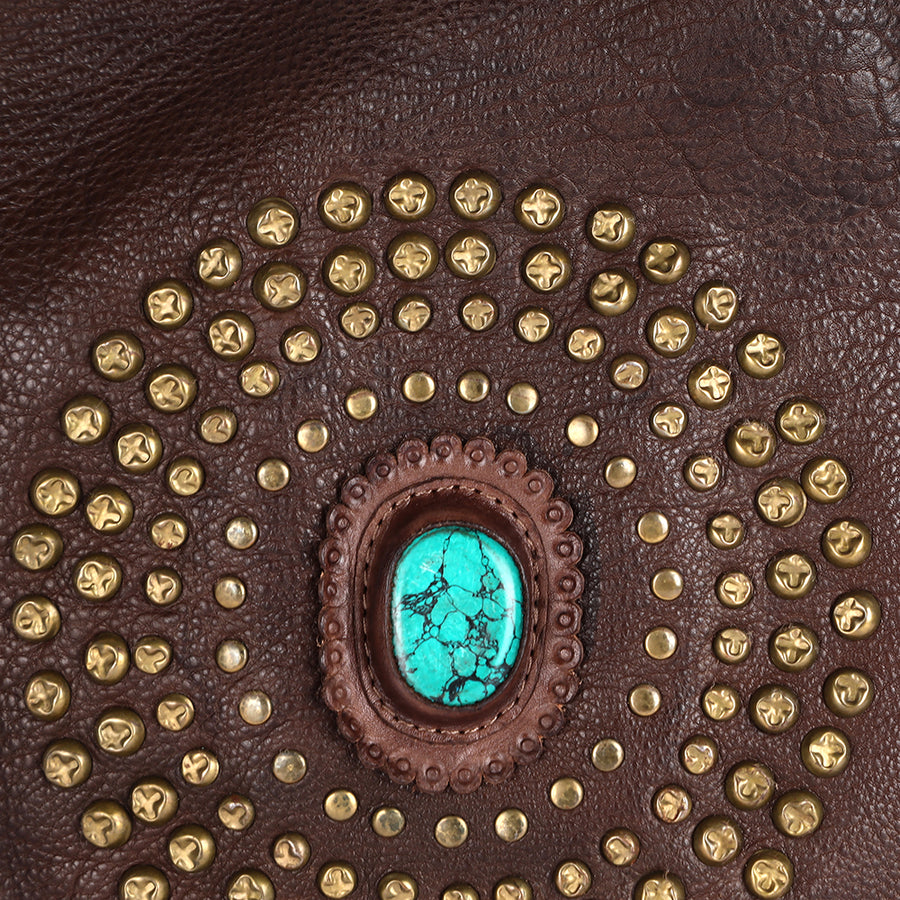 American Darling Large Cross body Bag Western Genuine Leather Handcrafted Purse with Rivets and Turquoise Stone