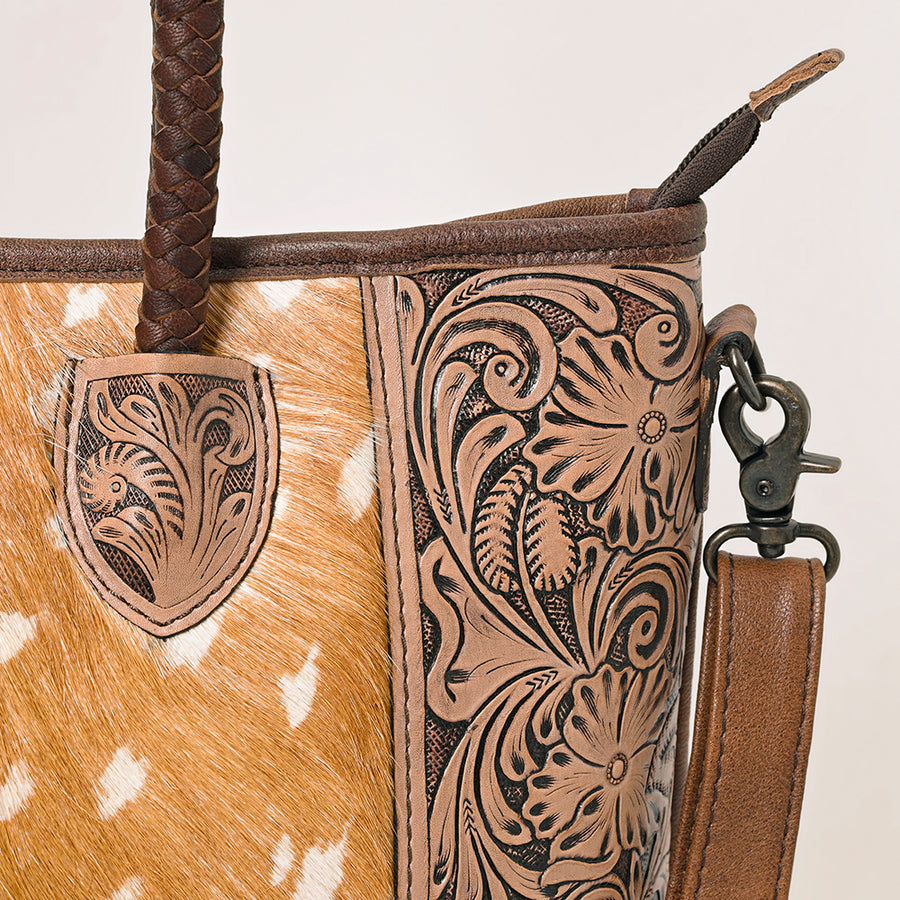 American Darling Western Tote Bag with Hair-On Cowhide, Hand-Tooled Leather, Dual Handles & Removable Strap – Genuine Leather