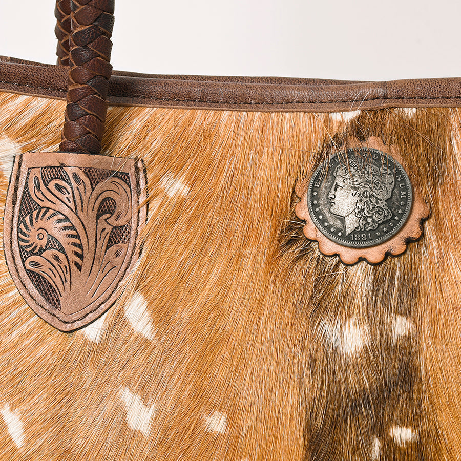 American Darling Western Tote Bag with Hair-On Cowhide, Hand-Tooled Leather, Dual Handles & Removable Strap – Genuine Leather