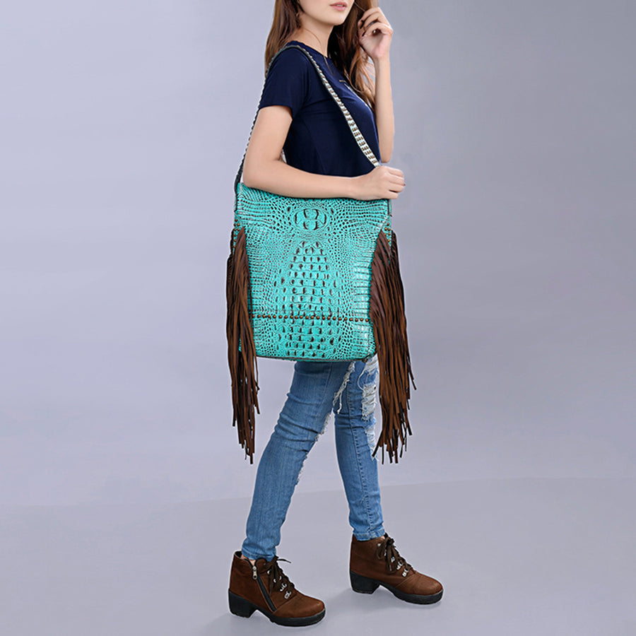American Darling Women’s Crocodile Embossed Genuine Leather Western Fringe Shoulder Bag with Long Strap 16in (H) X 12in (W) X 4in (D)