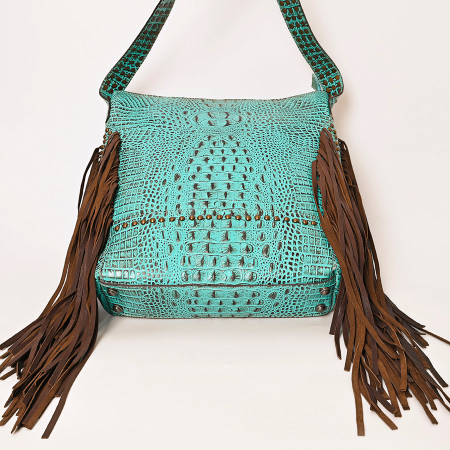 American Darling Women’s Crocodile Embossed Genuine Leather Western Fringe Shoulder Bag with Long Strap 16in (H) X 12in (W) X 4in (D)