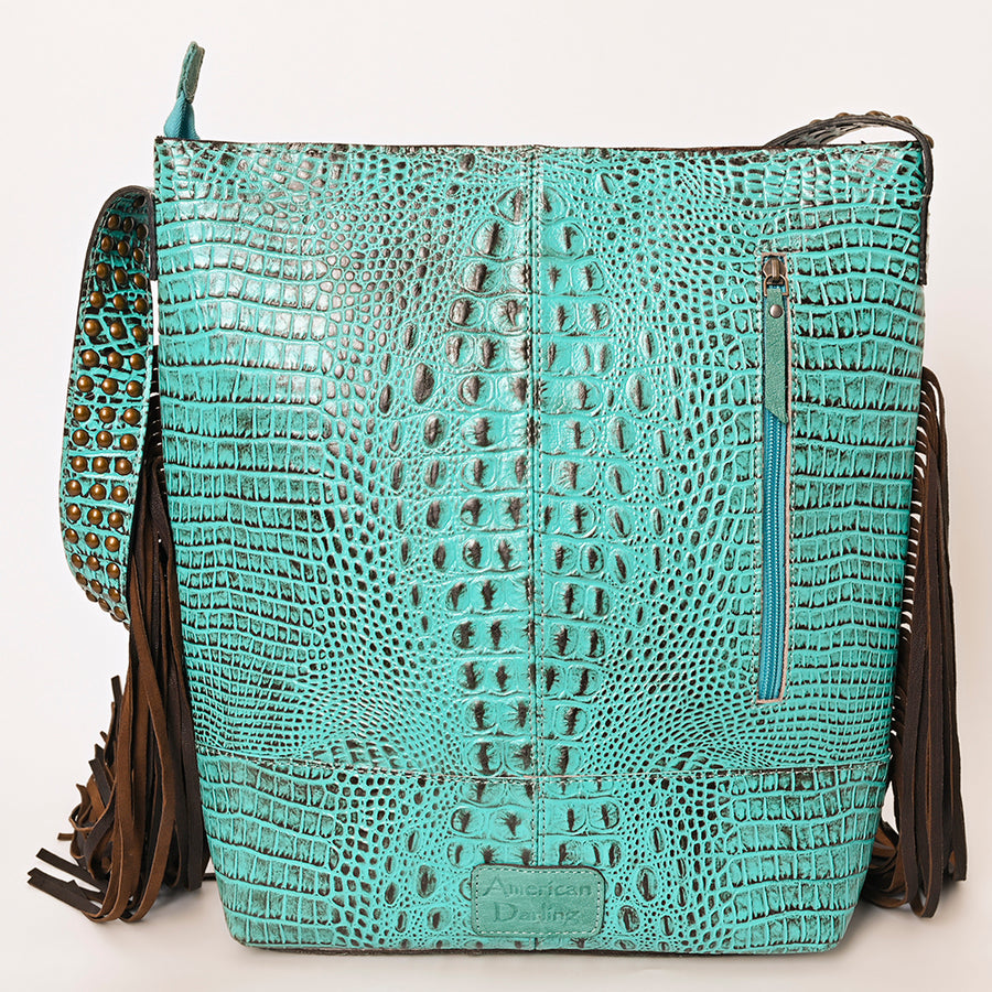 American Darling Women’s Crocodile Embossed Genuine Leather Western Fringe Shoulder Bag with Long Strap 16in (H) X 12in (W) X 4in (D)
