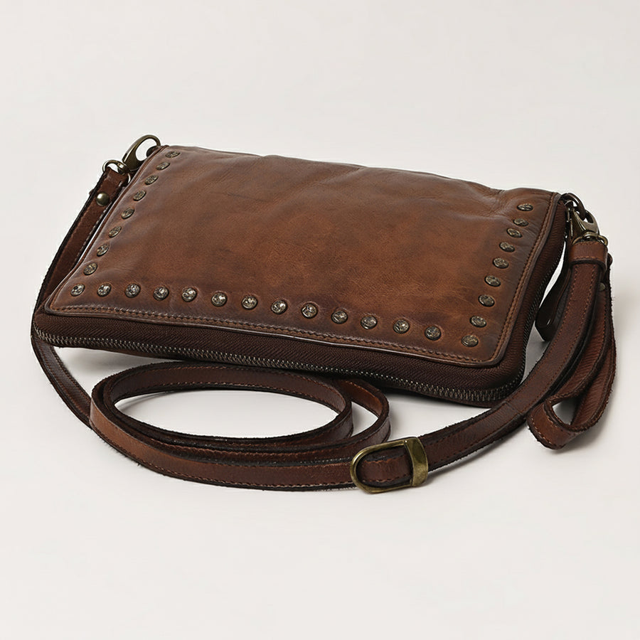 Spaghetti Western Swc197Brn Organiser Vintage Handmade Drum Dyed Genuine European Cowhide Leather Women Bag Western Handbag Purse