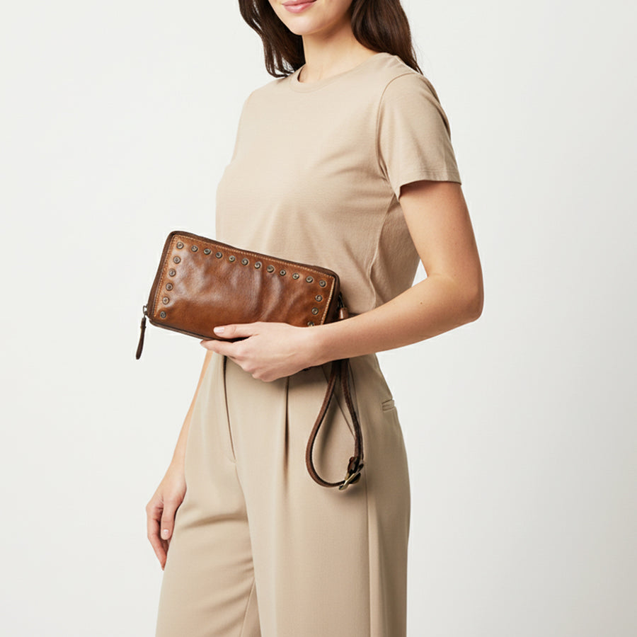 Spaghetti Western Swc212Brn Wallet Vintage Handmade Drum Dyed Genuine European Cowhide Leather Women Bag Western Handbag Purse
