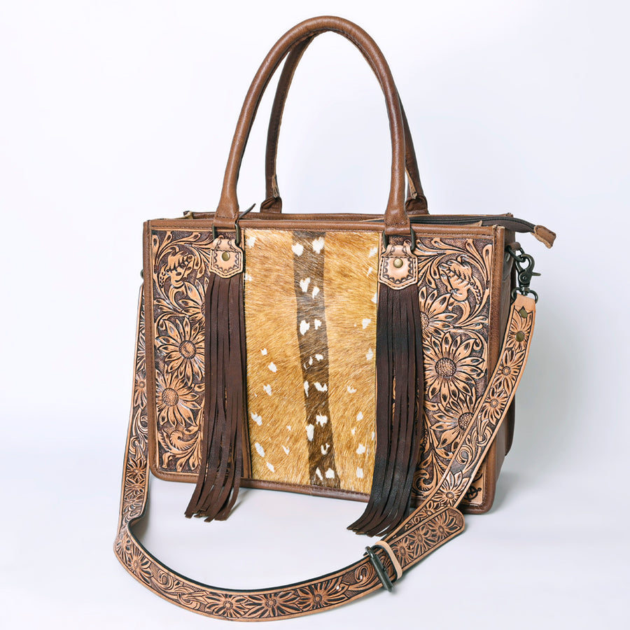 American Darling Western Tote Bag - Handcrafted Hair-On Cowhide and Hand Tooled Leather - Uhorse