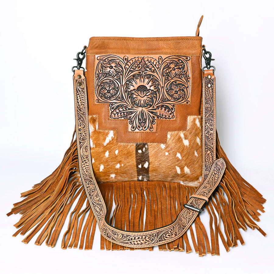 American Darling Messenger Bag, Hand Tooled Floral Leather, Hair-On Cowhide with Fringes, Western Crossbody Travel Purse