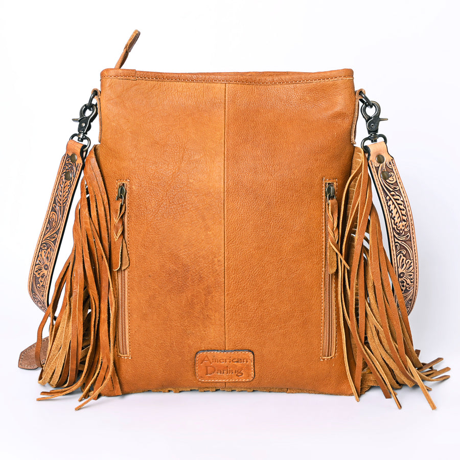 American Darling Messenger Bag, Hand Tooled Floral Leather, Hair-On Cowhide with Fringes, Western Crossbody Travel Purse