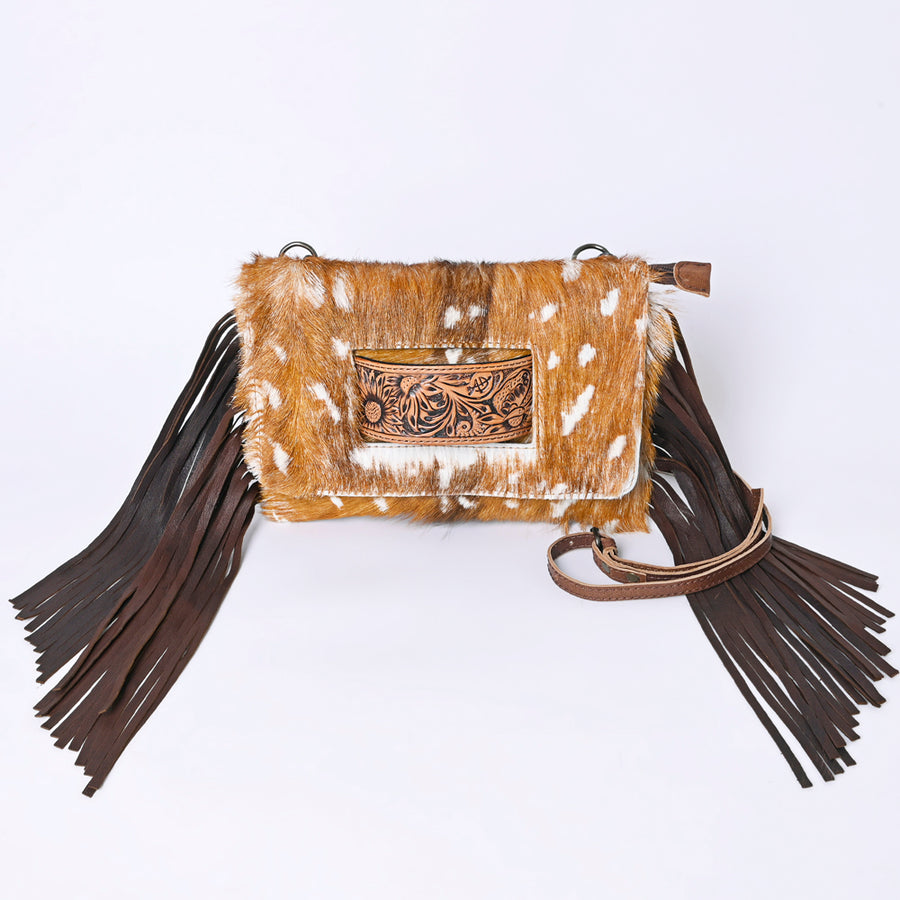 American Darling Small Cross body Bag Hand Tooled Floral Carved Leather Hair-On Cowhide with Fringes