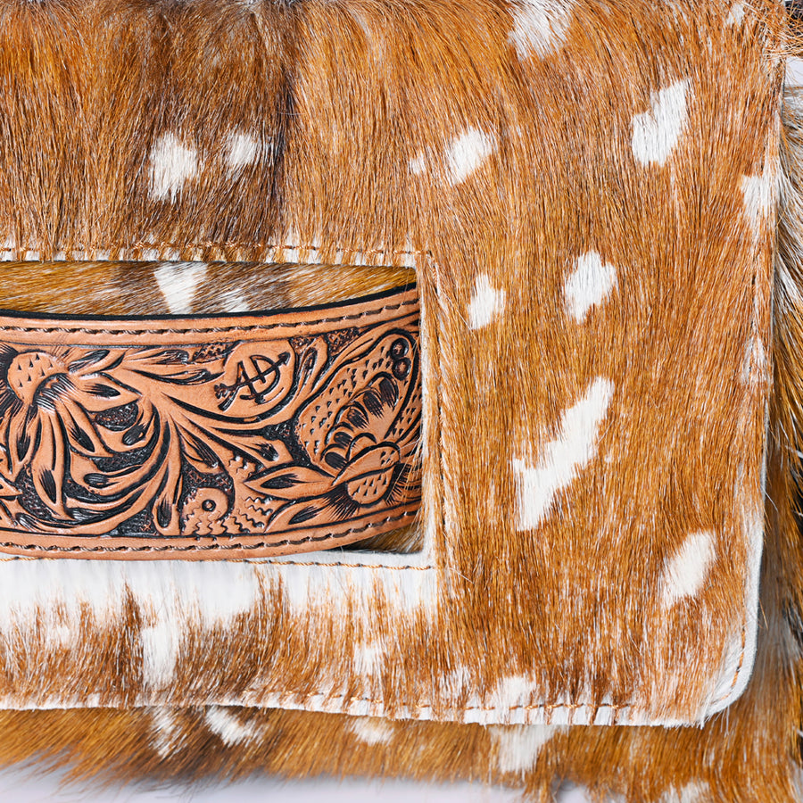 American Darling Small Cross body Bag Hand Tooled Floral Carved Leather Hair-On Cowhide with Fringes