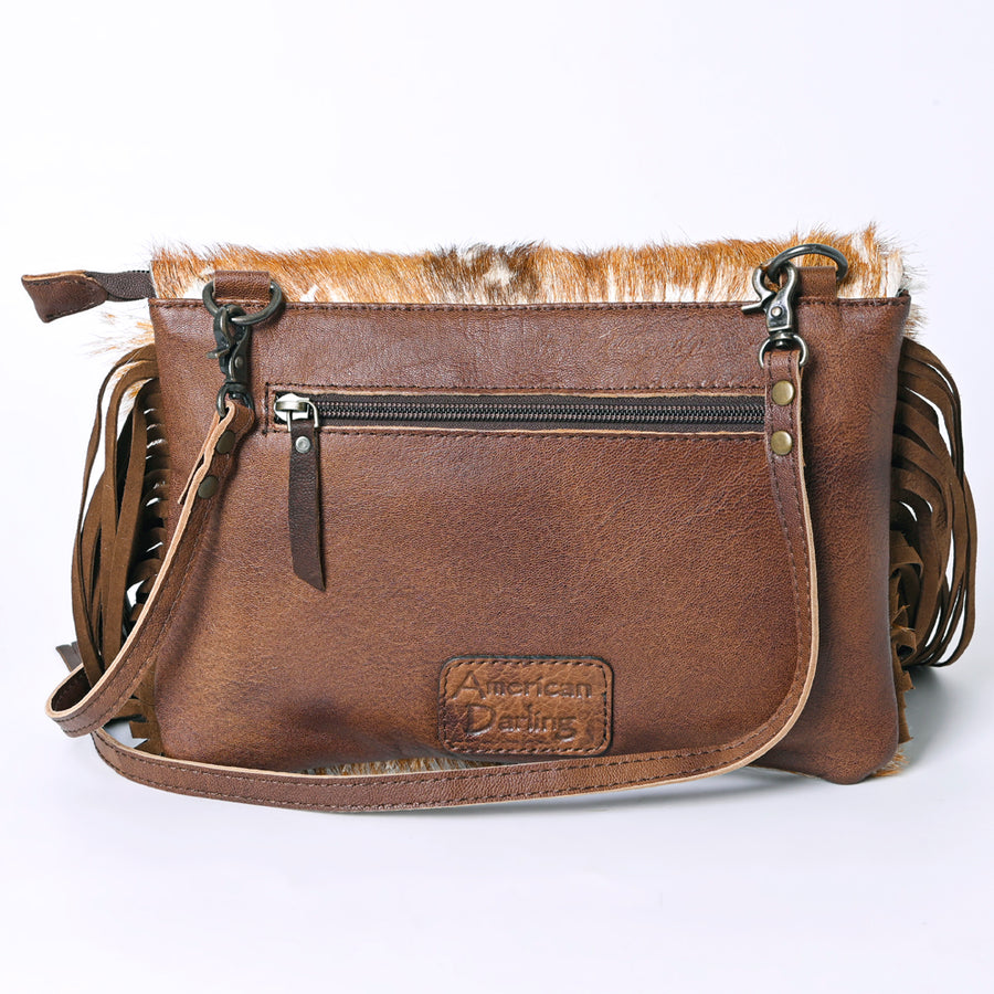 American Darling Small Cross body Bag Hand Tooled Floral Carved Leather Hair-On Cowhide with Fringes