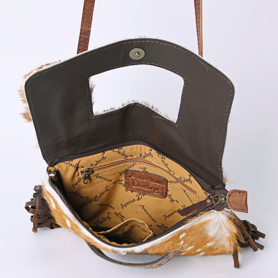 American Darling Small Cross body Bag Hand Tooled Floral Carved Leather Hair-On Cowhide with Fringes