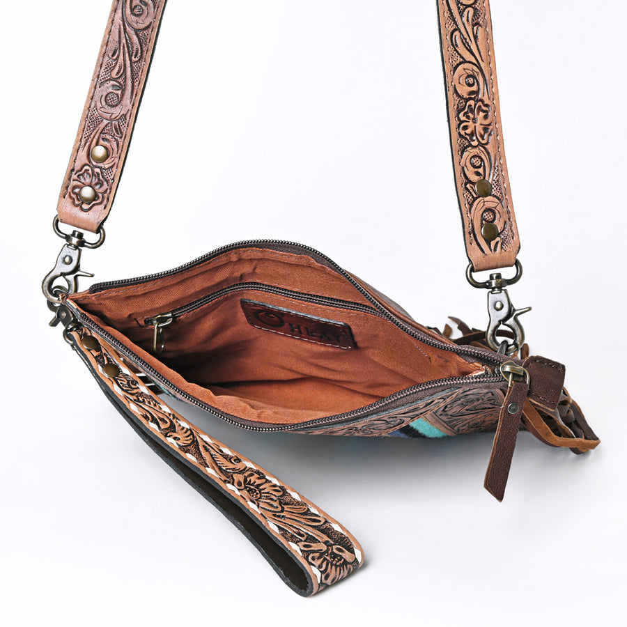 OHLAY Cross Body Hand Tooled Upcycled Wool Canvas Genuine Leather Women Bag Western Handbag Purse | for Womens Summer