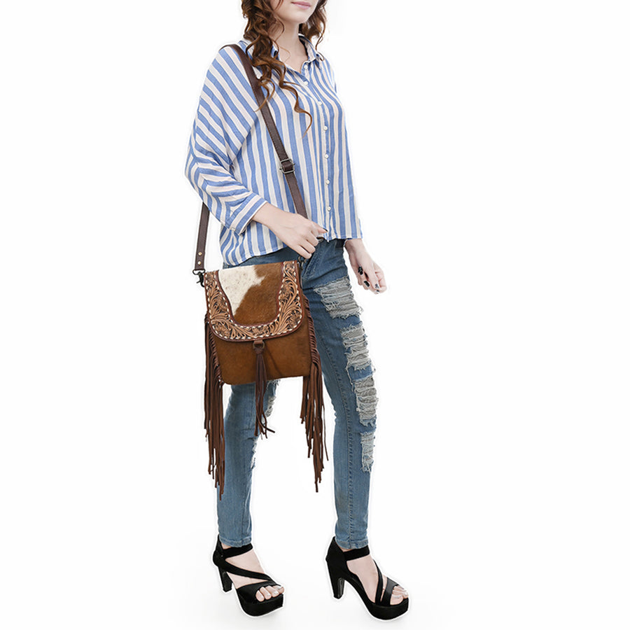 OHLAY Messenger Hand Tooled Hair-On Genuine Leather Women Bag Western Handbag Purse | Womens Handbags Belt for Summer