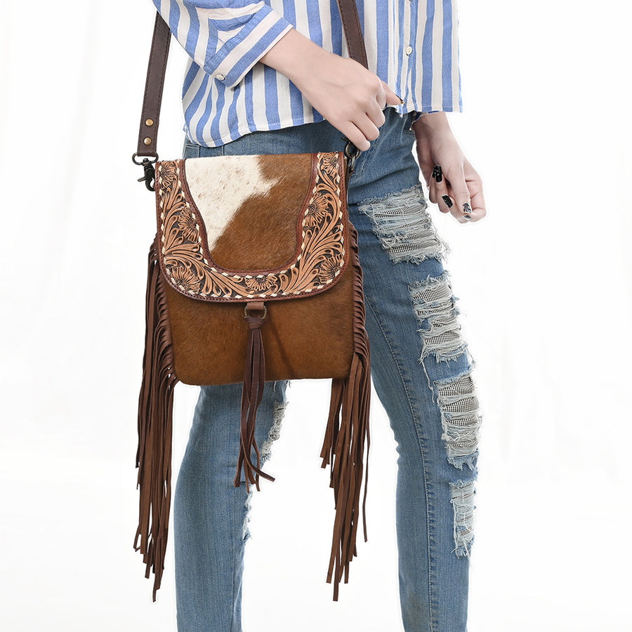 OHLAY Messenger Hand Tooled Hair-On Genuine Leather Women Bag Western Handbag Purse | Womens Handbags Belt for Summer