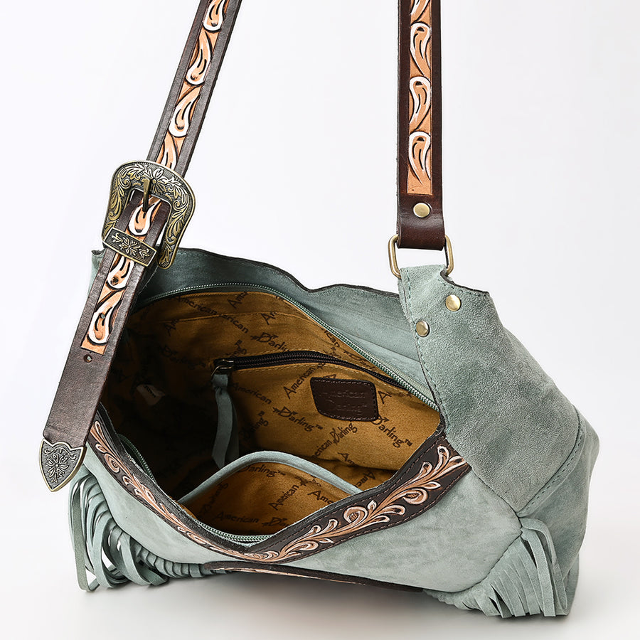 American Darling Fringed Hobo Bag Genuine Leather Hand Tooled Floral Carved Buck Stitched Western Purse YKK Zipper