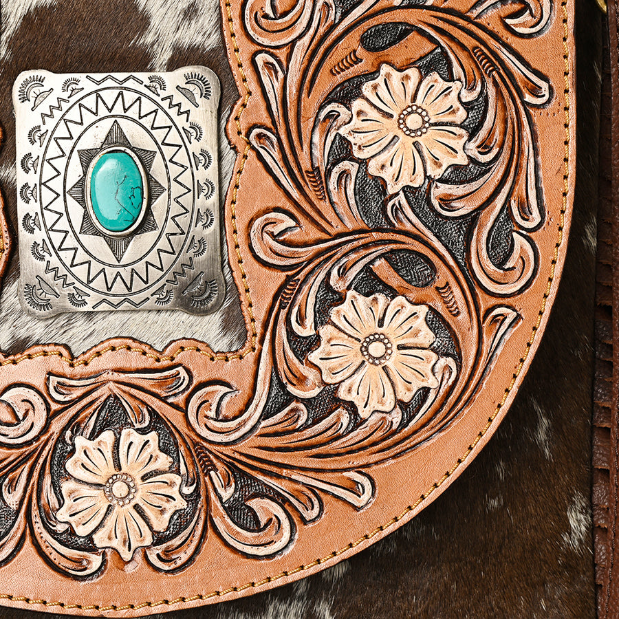 American Darling Hand Tooled Floral Carved Messenger Bag Hair-On Cowhide Leather Fringe Turquoise Concho YKK Zipper