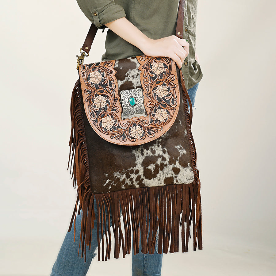 American Darling Hand Tooled Floral Carved Messenger Bag Hair-On Cowhide Leather Fringe Turquoise Concho YKK Zipper