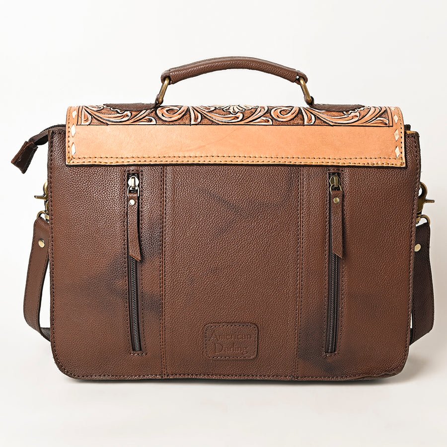 American Darling Hand Tooled Floral Carved Briefcase Hair-On Cowhide Vegetable-Tanned Genuine Leather Buck Stitched YKK Zipper