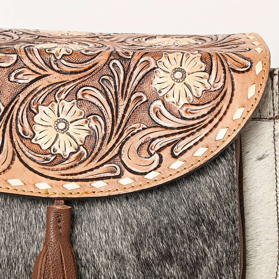 American Darling Hand Tooled Floral Carved Cross body Bag Hair-On Cowhide Tassels Buck Stitched Vegetable-Tanned Genuine Leather