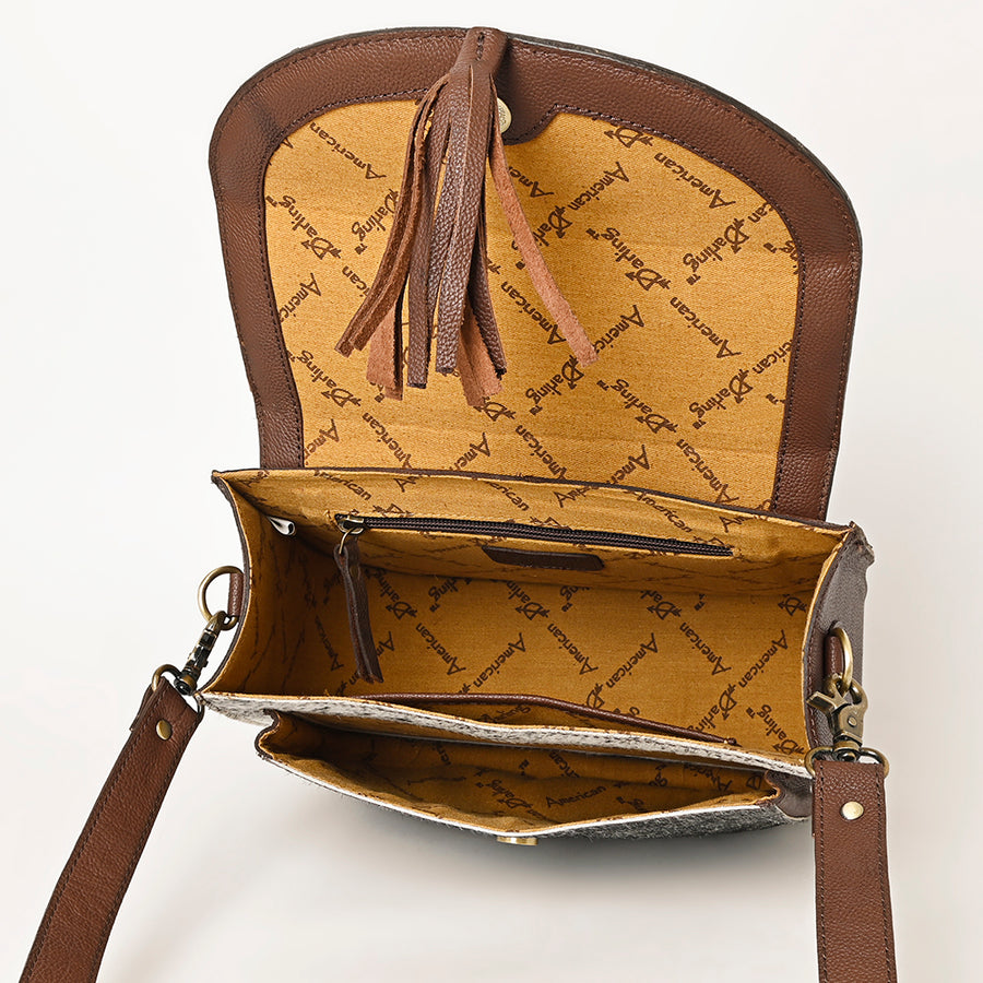 American Darling Hand Tooled Floral Carved Cross body Bag Hair-On Cowhide Tassels Buck Stitched Vegetable-Tanned Genuine Leather
