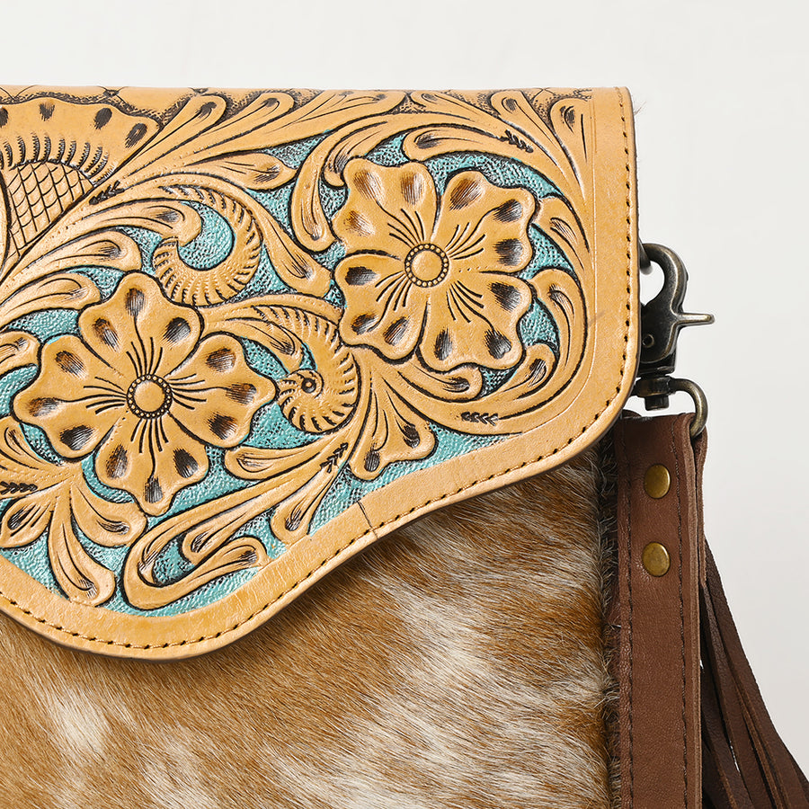 OHLAY Cross Body Hand Tooled Hair-On Genuine Leather Women Bag Western Handbag Purse | for