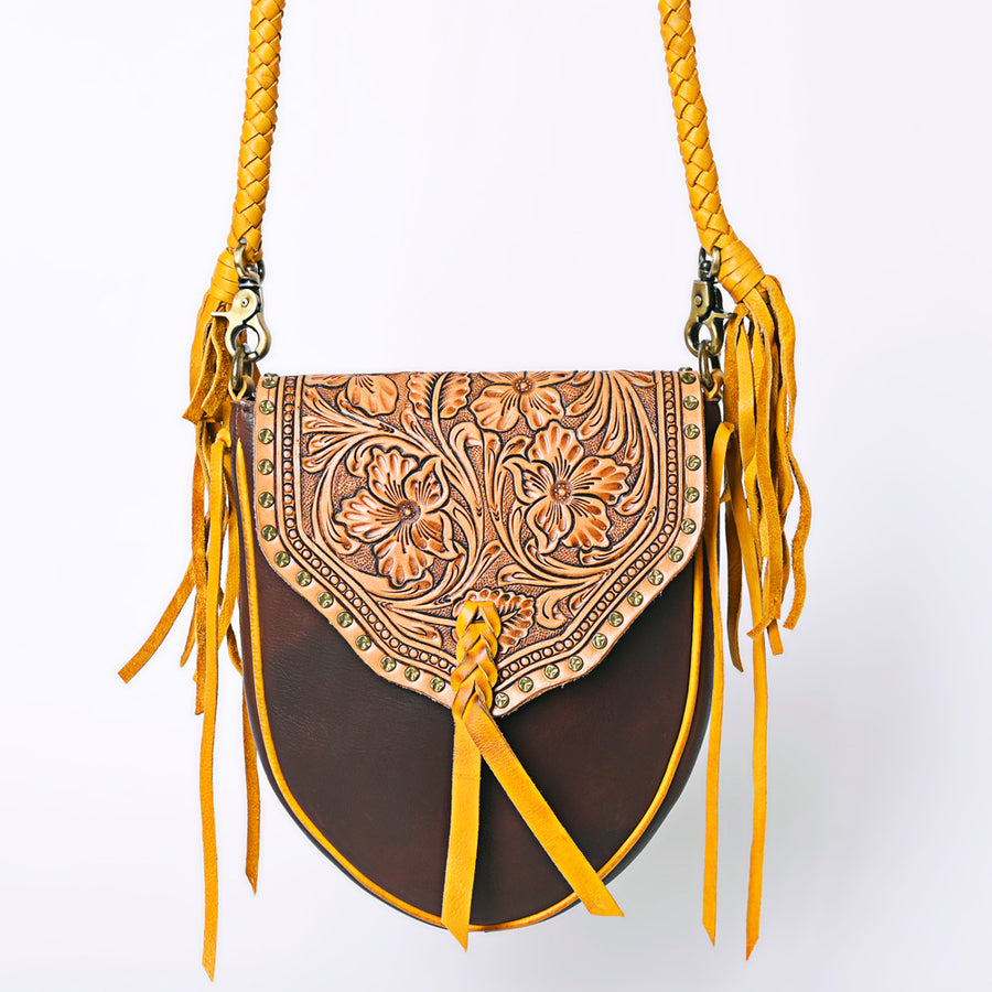 American Darling Cross body Bag Western Hand Tooled Floral Carved Genuine Leather Purse with Fringes and Braided Detail