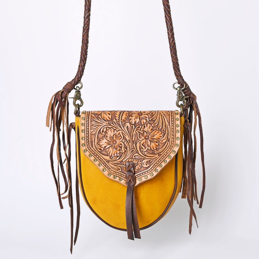 American Darling Cross body Bag Western Hand Tooled Floral Carved Genuine Leather Purse with Fringes and Braided Detail