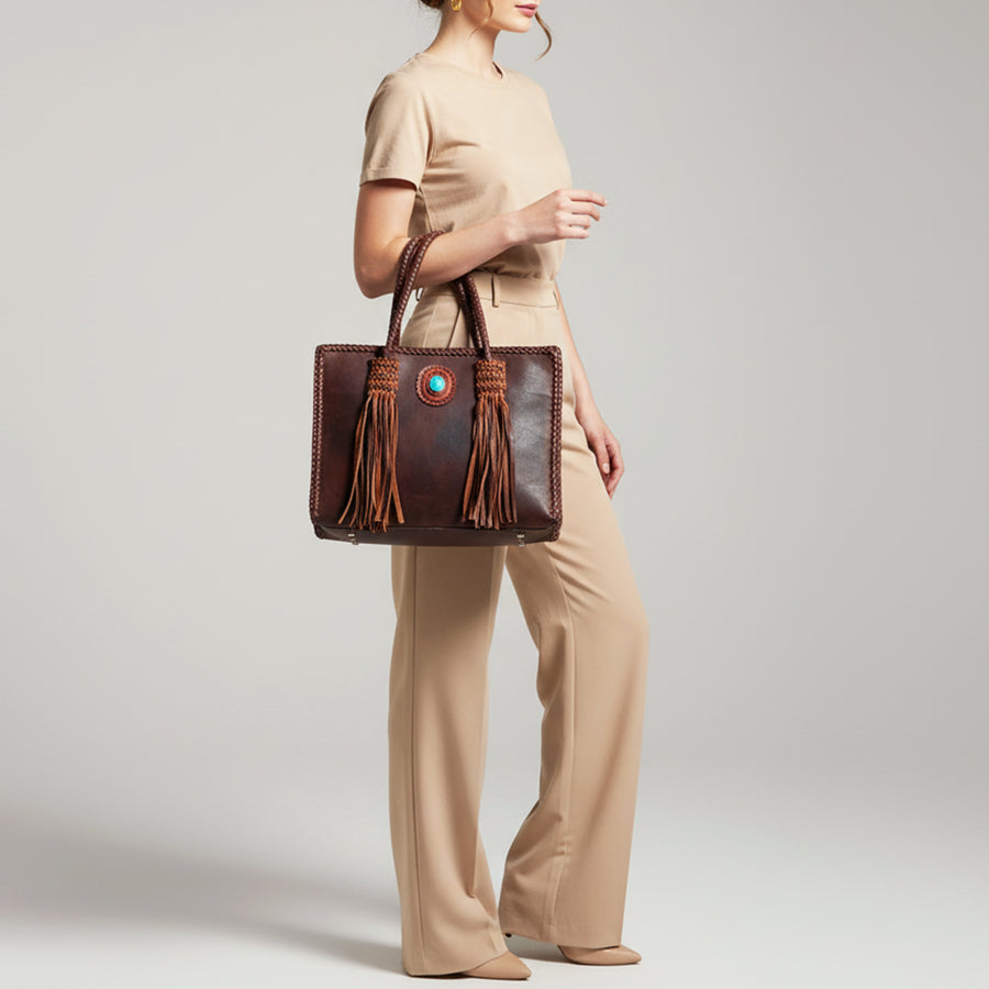 American Darling Tote Bag Western Genuine Leather Handcrafted Bag with Turquoise Stone, Fringes and Braided Edges