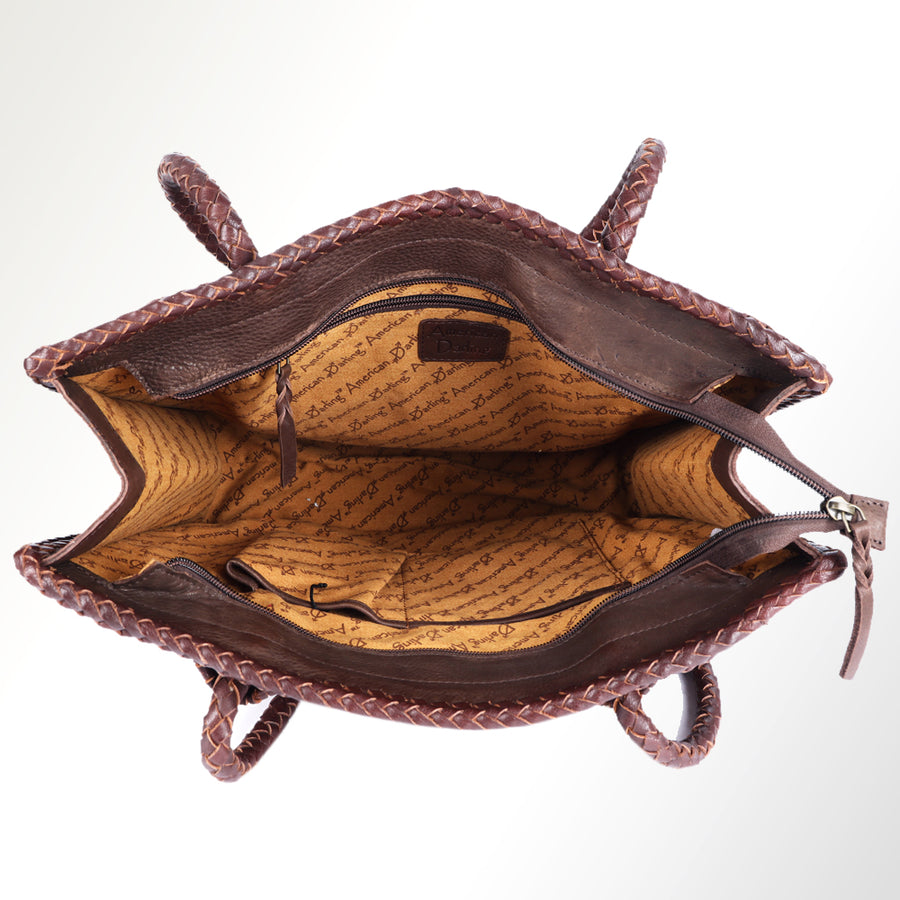 American Darling Tote Bag Western Genuine Leather Handcrafted Bag with Turquoise Stone, Fringes and Braided Edges