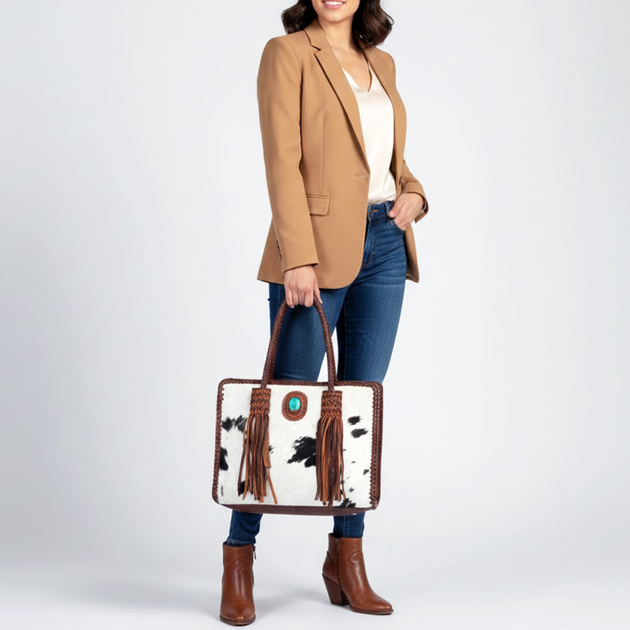 American Darling Tote Bag Western Genuine Leather Handcrafted Bag with Turquoise Stone, Fringes and Braided Edges
